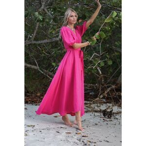 Sea Lustre Diana Wrap Dress pink Linen Summer Resort Boho Vacation Size S/M NWT